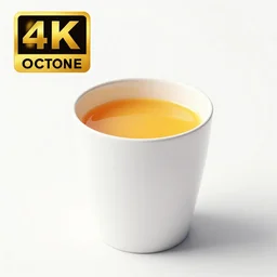a white cup with orange juice ( oj ) in it, octane render, 4 k, uhd, white background, diffuse lighting