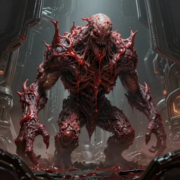 concept art by greg rutkowski, a huge, hideous monster made of twisted flesh and reddish ooze, claustrophobic and futuristic, brutalistic environment, scifi, detailed and intricate environment, high technology, highly detailed portrait, digital painting, artstation, concept art, smooth, sharp foccus ilustration, artstation hq.