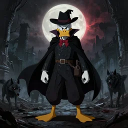 an ultradetailed animation of the hunter from bloodborne dressed as darkwing duck, let's get dangerous, in the style animation of darkwing duck, digital art, dark fantasy, concept art, soulslike, by alphonse mucha, blood moon eclipse, wherewolves in a ruined building in the background, artstation, 8 k, unreal engine render
