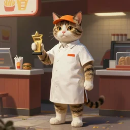 a humanoid cat fast food worker, digital art painting