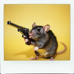 35mm photo of a rat holding a gun, bright and fun colors