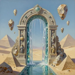 closeup of magic gate made of water, pyramids in the desert, floating stones, cascading iridescent waterfalls, dimension of infinit espace, by beksinski, greg rutkowski, wlop, artgerm, andrei riabovitchev, nuri iyem, james gurney, james jean, highly detailed, soft lighting, 8k resolution, oil on canvas