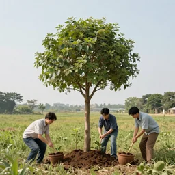 Anthropomorphic tree planting humans in a field