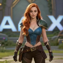 an action shot of Sophie turner as Miss Fortune in League of Legends the movie, centered, 4K, cinema, imax, hyperreal