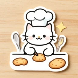 cat wearing chefs hat making biscuits sticker, line art