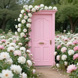 a full size ornate pink door in a field of white and pink peonies and roses. pastel flowers growing from the ground next to a door. path of pastel flowers, high resolution, 8 k,