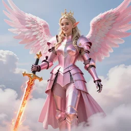 gorgeous!! hyper - realistic woman resembling emilia clarke as a princess wearing ornate pink knight armor, elf ears, angel wings, angemon, smiling l holding a fiery long sword | divine, elegant, ethereal, heavenly, clouds, cute, beautiful, holy, fantasy | illustration, intricate, high detail, ultra graphics, digital painting, photorealistic, tarot, bright | drawn by wlop, drawn by jeehyung lee, drawn by artgerm