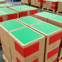 a picture of a warehouse full of boxes with green patches on the top and red patches on the sides