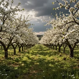a photorealistic hyperrealistic render of a beautiful orchard in spring, by greg rutkowski, wlop, artgerm, dramatic lighting, strong shadows, volumetric, cinematic atmosphere, octane render, artstation, 8 k