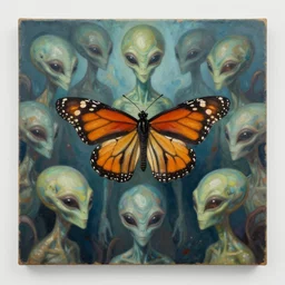 “ an oil painting of a monarch surrounded by hordes of aliens ”