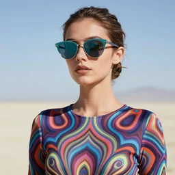 close up of a beautiful woman at burning man wearing a kaleidoscopic psychedelic dress and fractal sunglasses, fantasy, intricate, elegant, highly detailed, digital painting, artstation, concept art, smooth, 8 k, sharp focus, illustration, art by artgerm and greg rutkowski and alphonse mucha
