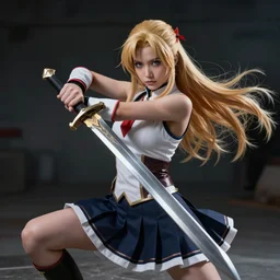 dslr, beautiful erza scarlet fighting posing with a sword and wearing a skirt, real photo, real camera, extreme detailed face and body, high quality, moody lighting, fast paced lines, sharp quality, enchanting, 8 k