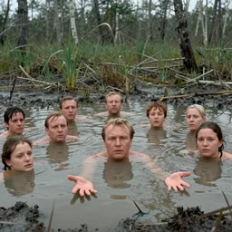 movie still by tarkovsky of 1 0 0 hands floating in mud pond looking at the camera, swamp backround, cinestill 8 0 0 t 3 5 mm b & w, heavy grain, high quality, noir, natural textures, photorealistic, ambient occlusion, hd, ultra wide lens, anamorphic