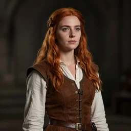 a portrait of a white woman in her twenties, she has long orange brown hair, wearing a white shirt, short brown vest, medieval, style by donato giancola, wayne reynolds, jeff easley dramatic light, high detail, cinematic lighting, artstation, dungeons and dragons