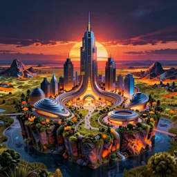 a beautiful hyperdetailed render of city nature facility by diebedo francis kere, alien neon noir magic realism hyperrealism thermal imaging landscape fantasy tundra tron sunset otherworldly biopunk dramatic lighting matte painting architecture island meadow, archdaily, wallpaper, highly detailed, trending on artstation.