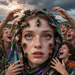 multifaceted detailed insects eyes ,reflect in a realistic beautiful human face, surrounded by fabrics covered in iridescent feathers glinting , volumetric sun light, humans , emerging hands and beautiful women’s and men screaming laughing and crying face ,biodiversity all round , dramatic dusk light illuminate , stormy clouds gather in the distance , full colour , upscale , 8k