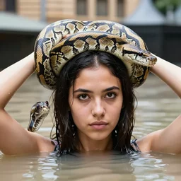 closeup portrait of a girl carrying a python over her head in a flood in Pitt Street in Sydney in Australia, photograph, natural light, sharp, detailed face, magazine, press, photo, Steve McCurry, David Lazar, Canon, Nikon, focus