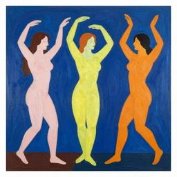 the three graces in bright colors, dancing, abstract, miro