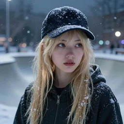 blonde skatergirl with fringe hair in baseball cap in the skatepark during winter blizzard night. wide eyes, highly detailed, cinematicm dramatic lighting, smooth concept art, airbrush, by artgerm and greg rutkowski and alphonse mucha and simon stalenhag artstation