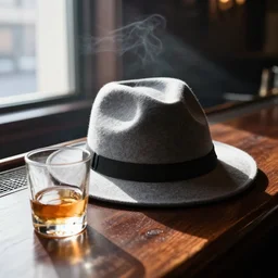 photo of a grey fur felt fedora with black band sitting on a dark wood bar bar next to a rocks glass with some whiskey in it, next to a window, smoky shafts of light, ultra realistic, 8 k