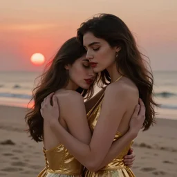woman love woman, sweet hugs, gold trim, atmoshperic, elegant, sharp focus, sand sea, red sun, huge lips, by 3 8 0 light & color female reference pictures, trending on artstation, intricate details