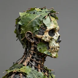 a profile shot of a man made of leaf skeleton and twigs in face in the style of the beeple and wlop, octane render, trending in art station, charcoal, beautiful