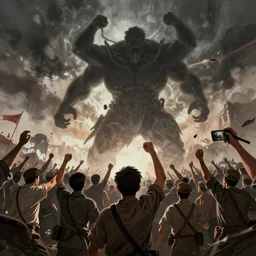 the masses rising up against the monster shadow, communist propaganda poster style, digital art, 8K HD