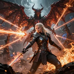 barely armored seductive ciri epic battle against a winged demon, magic shooting forth from different directions, the witcher, fire detail, phoenix power, cosmic detail, fierce combat, sharp details, artstation hq, epic fantasy, cinematic lighting, photorealism, 8 k.