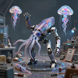 robotic squid, robotic chop shop in disarray, cybernetic jellyfish, cgsociety, artstation, 3 5 mm, globalization