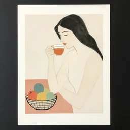 beautiful lady, drinking tea, fruit basket, painting, abstract, clean shapes, print, litography pastel colors, ink lines
