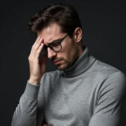 half body studio photograph of a male italian artist wearing glasses and turtleneck, anxiety and depression, intricate, elegant, highly detailed, hyper realistic, dark background, flickr, smooth, sharp focus, shot by canon