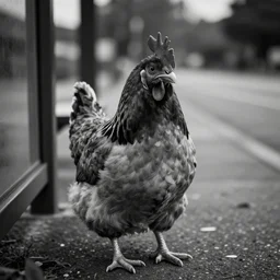 dramatic photo of an emo chicken sitting at a bus stop, heartbreaking, emotional, black and white, focal point, closeup, inspirational.