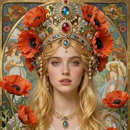 beautiful blonde young woman wearing an elaborate jeweled headdress with poppies dreamlike portrait by frank cadogan cowper, carlos schwabe, william morris, edmund dulac, and alphonse mucha, beautiful refined hyperdetailed dreamscape