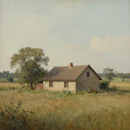 a painting of a rural landscape with a house, a matte painting, flickr, massurrealism, 1 9 7 0 s, 1 9 2 0 s, 1 9 9 0 s