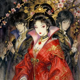 peinture a l'aquarelle d'avant - garde portrait d'une reine vampire geisha asiatique dans une robe rouge victorienne peinte par yoshitaka amano, daniel merriam, ayami kojima, greg rutwoski, detail complexe, artstation, artgerm, dans le style de dark - fantasy, rococo, feuille d'or, fleurs de sakura, moody lighting