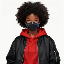 deviantart, manga, anime character design, portrait of anime black woman with a afro, wearing a cyberpunk style clothes and mask, with a red hoodie, wearing a black bomber jacket over the red hoodie, vibrant colors, ( ( ( koi colors ) ) ), octane render, jesper ejsing, james jean, justin gerard, tomasz alen kopera, cgsociety, fenghua