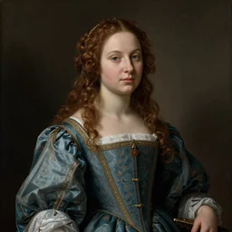 a beautiful neanderthal girl, dressed in the style of baroque, italian renaissance painting