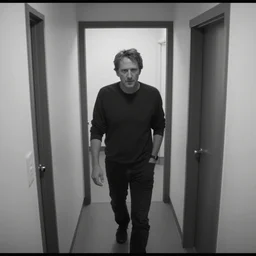black and white CCTV footage of jordan peterson at the end of a hallway, backrooms