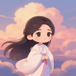 chibi - inspired character design. flowing robes. dreamland wonderland haughty stubborn friendly moody shy modest princess character portrait. close - up key visual. turbulent wind, eyes, character portrait, close - up, cute pleasing palette, undulating nebulous sunset clouds adorable, idyllic cumulonimbus adorable matte painting from fantasia pastel from fantasia ( 1 9 4 1 )