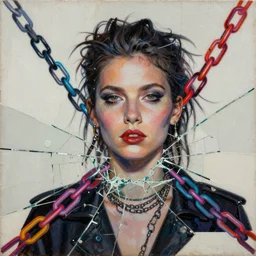 she chained in neon chains, digital collage, decoupage, assemblage, photomontage, canvas texture, minimalist, contemporary art, punk art, photorealistic, portrait, expressionism, masterpiece, dynamic composition, spectacular quality, intricate oil details, shattered glass texture