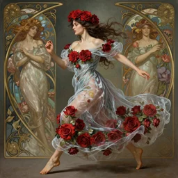 woman dressed in a vaporous wrapped large victorian red roses silk semi-transparent dress fashion is running D&D, fantasy, intricate, elegant, highly detailed, digital painting, artstation, concept art, matte, sharp focus, illustration, art by Artgerm and Greg Rutkowski and Alphonse Mucha