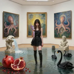 painting of flooded moma art gallery with paintings on the wall, emo girl holding a squid and wearing long black boots, pomegranates, octopus, waterfall, stone sculpture by rodin, zen, black swans, berries, surrealist, by magritte and monet