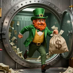 photograph of a leprechaun is running out of a bank vault holding a duffel bag overflowing with cash, detailed, 4k