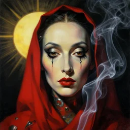 closeup digital portrait of a magic woman, single face, chiaroscuro, red fabric, metalic parts, transparent smoke from hell, notan sun in the background, abstract, surreal art painted by beksinski, android jones and salvador dali