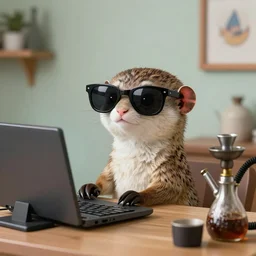 a cute mongoose! with sunglasses! working on a pc!, a hookah! on the desktop, funny cartoon, in the style of bugs bunny, hyper realistic, insanely detailed, a cartoon in the style of the flintstones!