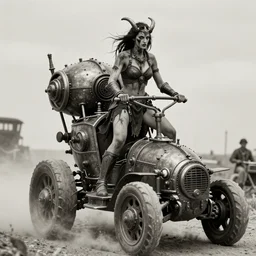 vertical movie frame with female warrior riding tall ancient steam punk buggy, hunting, armor inspired by diablo and fashion, strong blooded body, brutal blooded sluty symmetrical face, epic, cinematic lighting, award winning, establishing shot, extremely high detail, photorealistic, brutal, provocative, natural lighting, octane render, old photo, vintage, black and white, sepia, old photography, documentary photography