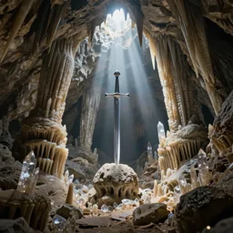 overgrown stone cave, high detailed thin stalagmites, high detailed thin stalagtites, the sword in the stone in the middle, rays of god shining from above, crystal lighting, mystical, hyperrealistic, 4 k, unreal engine, highly detailed, dramatic lighting, magical, beautiful