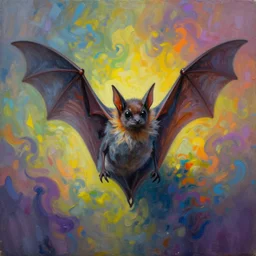 a lonely bat, psychedelic, slightly melancholic, vibrant colors, masterpiece, oil painting, beautiful composition