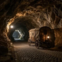 a medieval caravan on a cobblestone road in a cavern deep underground, dark, lanterns