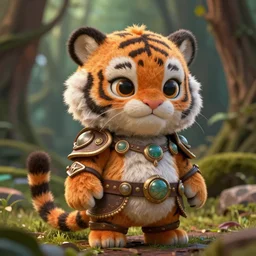 little cute fluffy forest tiger, evil, inspiring, adorable, anthro, guardian, dnd, woodland realm, fantasy armored attire!! strange fantasy equipment!! octane render, unreal engine 5, hyper realistic, 8 k
